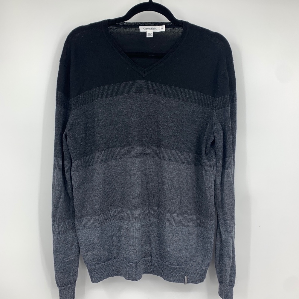 Calvin Klein mens large sweater neck pullover striped wool blend business casual